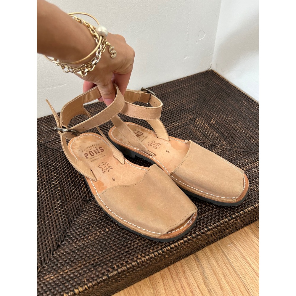 PONS Avarca Ankle Strap Sandals Women 9 Tan Leather Boho Peep Toe Spain